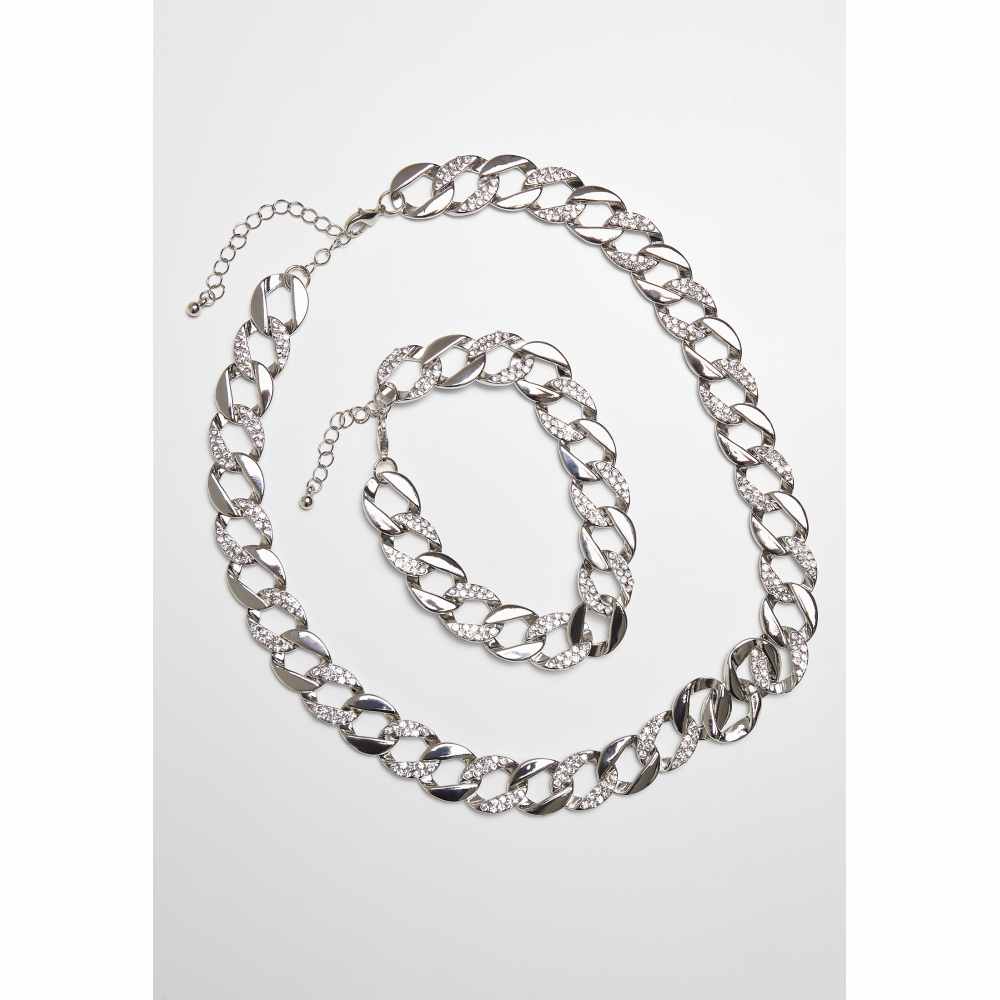 Urban Classics - Basic Diamond Necklace And Bracelet Set silver one size Ketting en armband set - Zilverkleurig